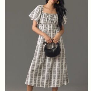 Anthropologie Maeve Puff-Sleeve Square-Neck Smocked Midi Dress pockets Large